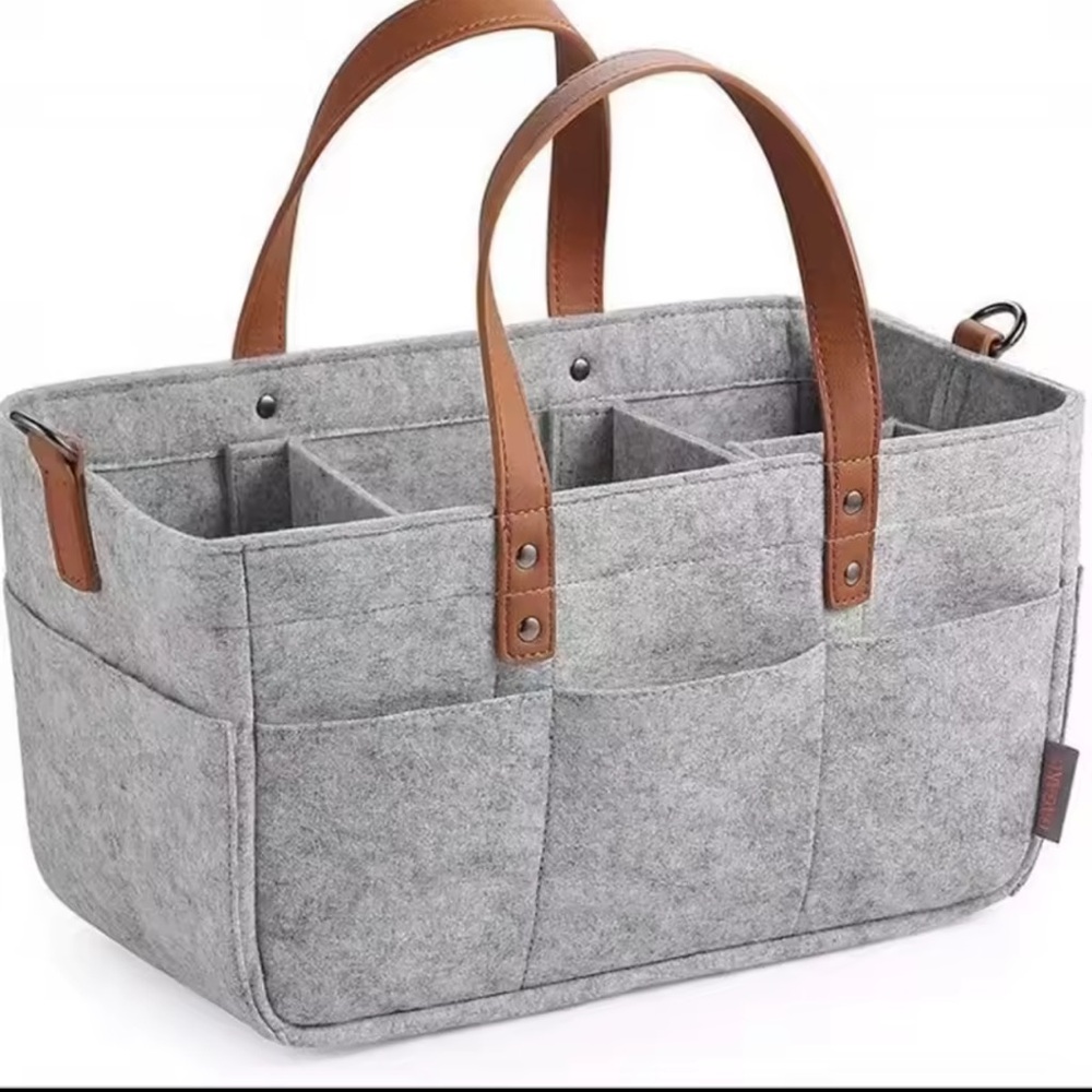 Gray Felt Tote with Brown Handles